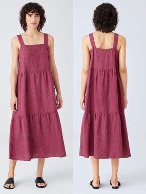 EILEEN FISHER Washed Organic Linen Delave Tiered Midi Dress in Berry - M